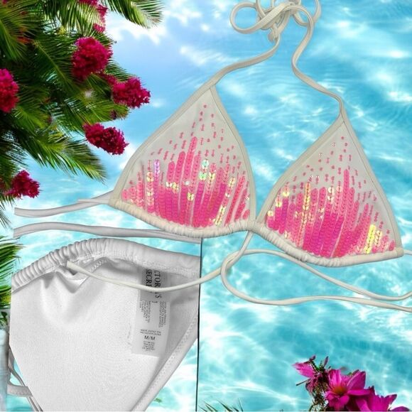 Victoria’s Secret l White w/ Pink Sequins l Triangle Bikini Top l Small l EUC - Picture 7 of 11